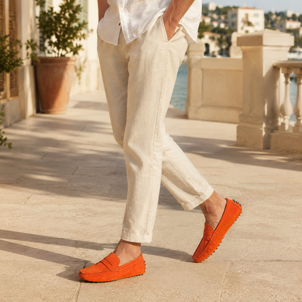 Chaussures Homme Mocassin Orange En Cuir Suédé - porté