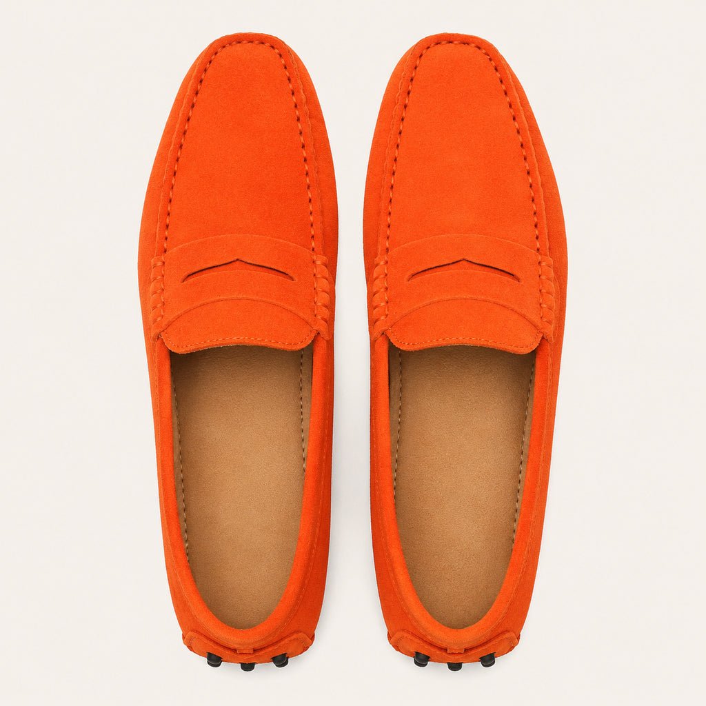Chaussures Homme Mocassin Orange En Cuir Suédé - vue du dessus
