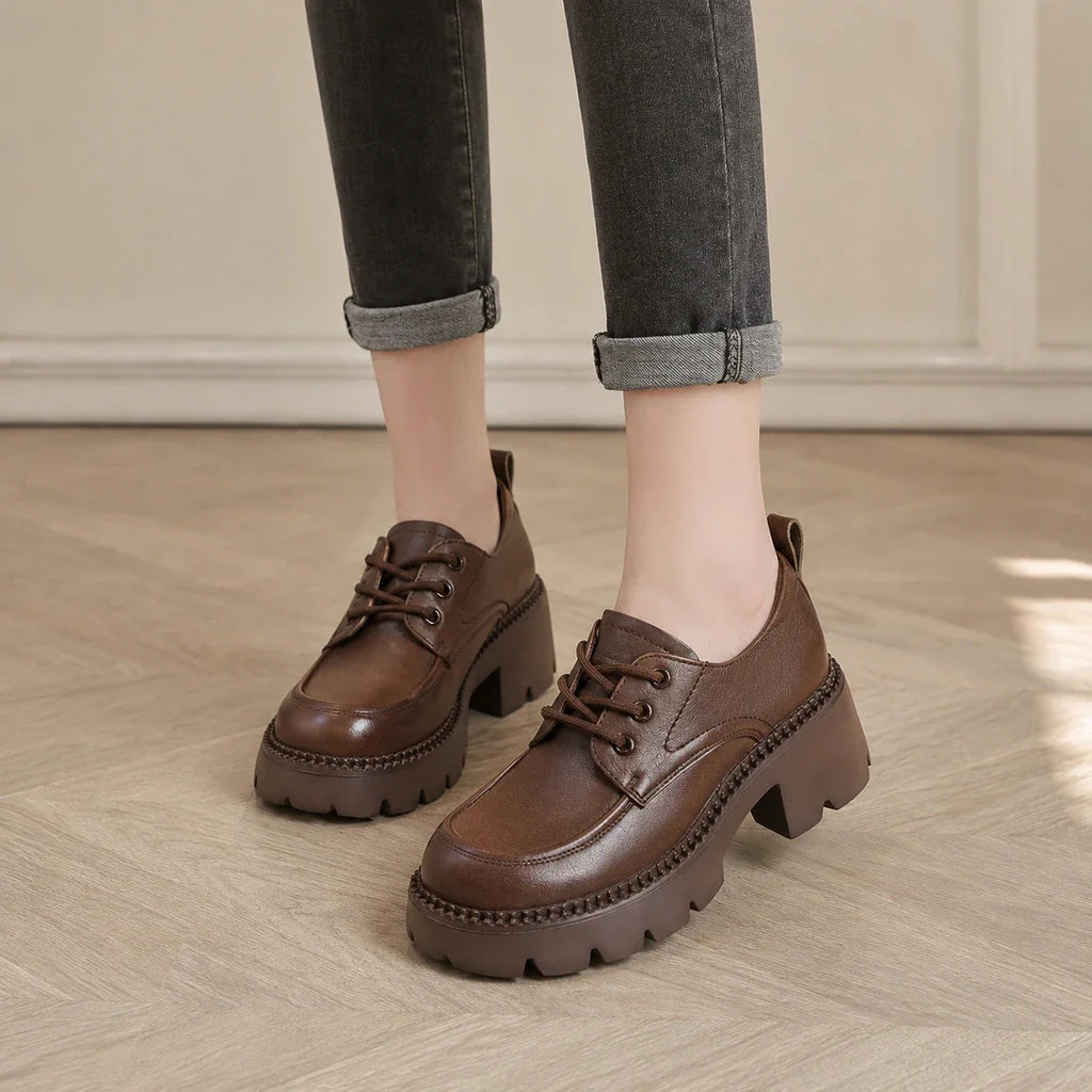 Derby Mocassin Femme Marron À Plateforme - porté