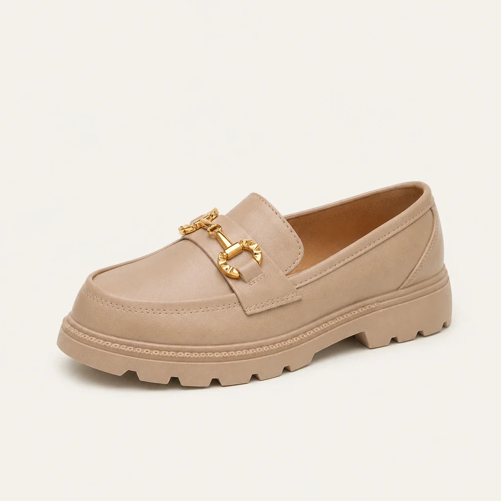 Mocassin Beige À Boucle Dorée - vue 3/4