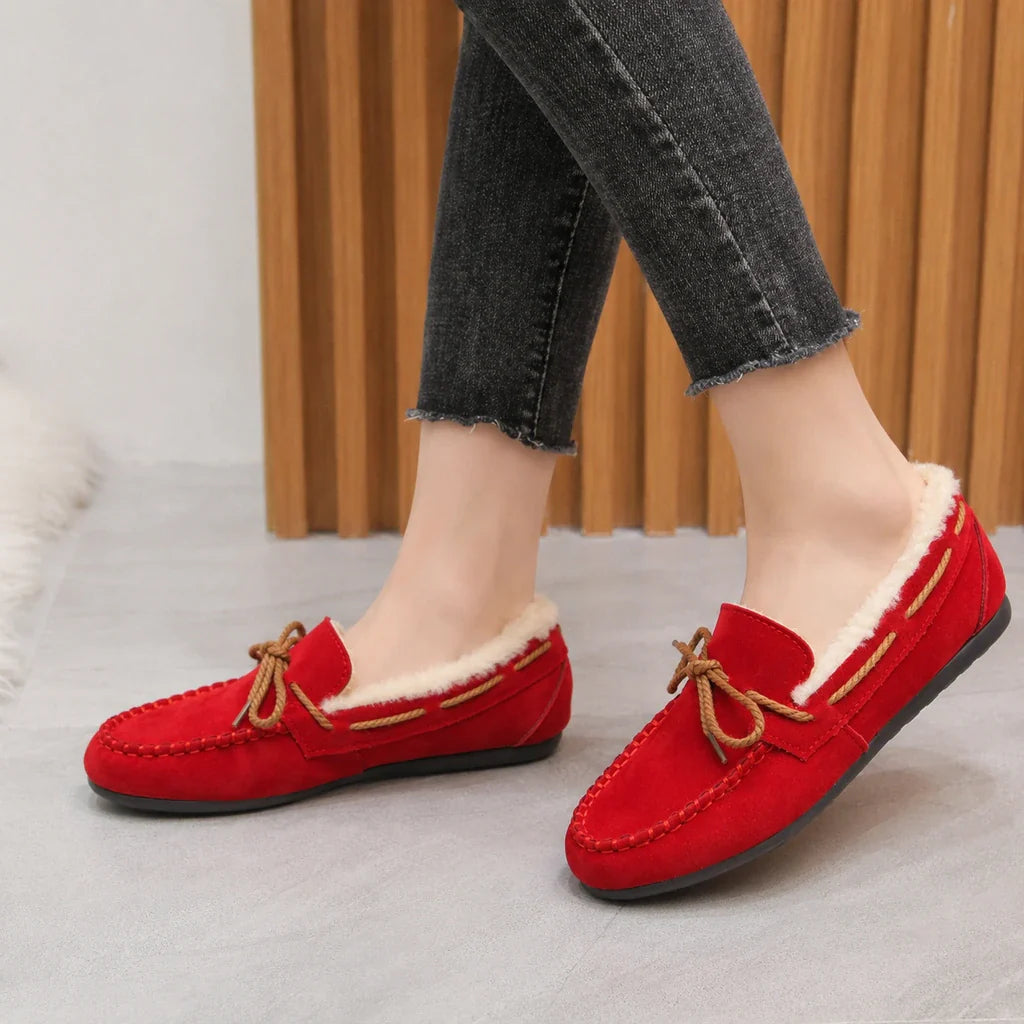 Mocassin Confortable Femme Rouges Doublés Peluche - porté