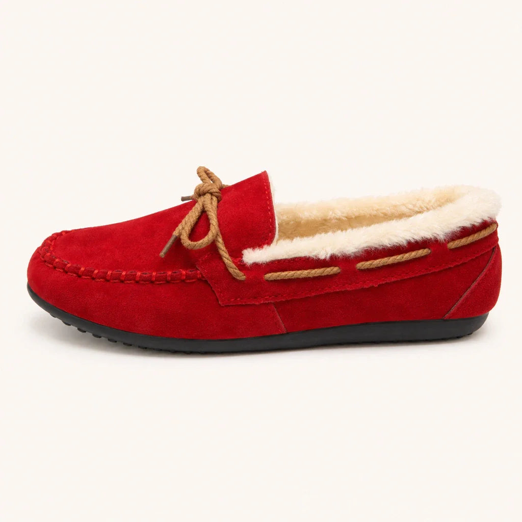Mocassin Confortable Femme Rouges Doublés Peluche - vue de côté