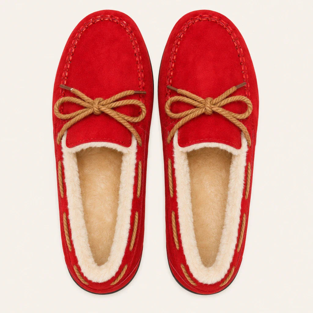 Mocassin Confortable Femme Rouges Doublés Peluche - vue du dessus