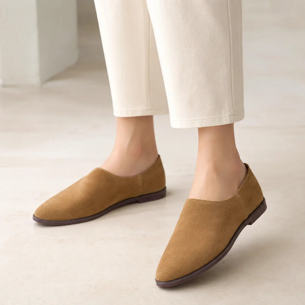 Mocassin Cuire Femme En Cuir Suédé À Bout Pointu - porté