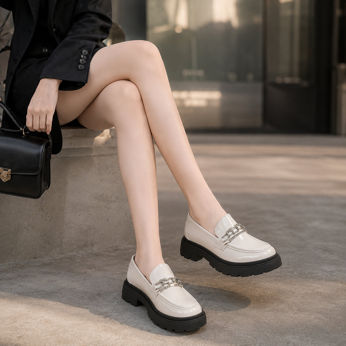 Mocassin Femme Beige À Plateforme Avec Chaîne - porté