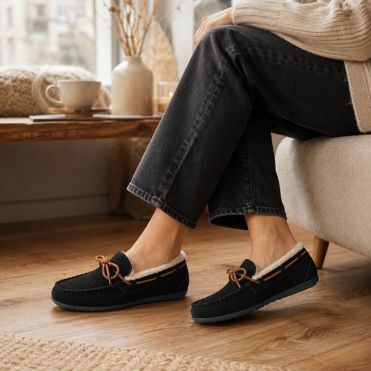 Mocassin Femme Noir Fourrés D'Hiver - porté