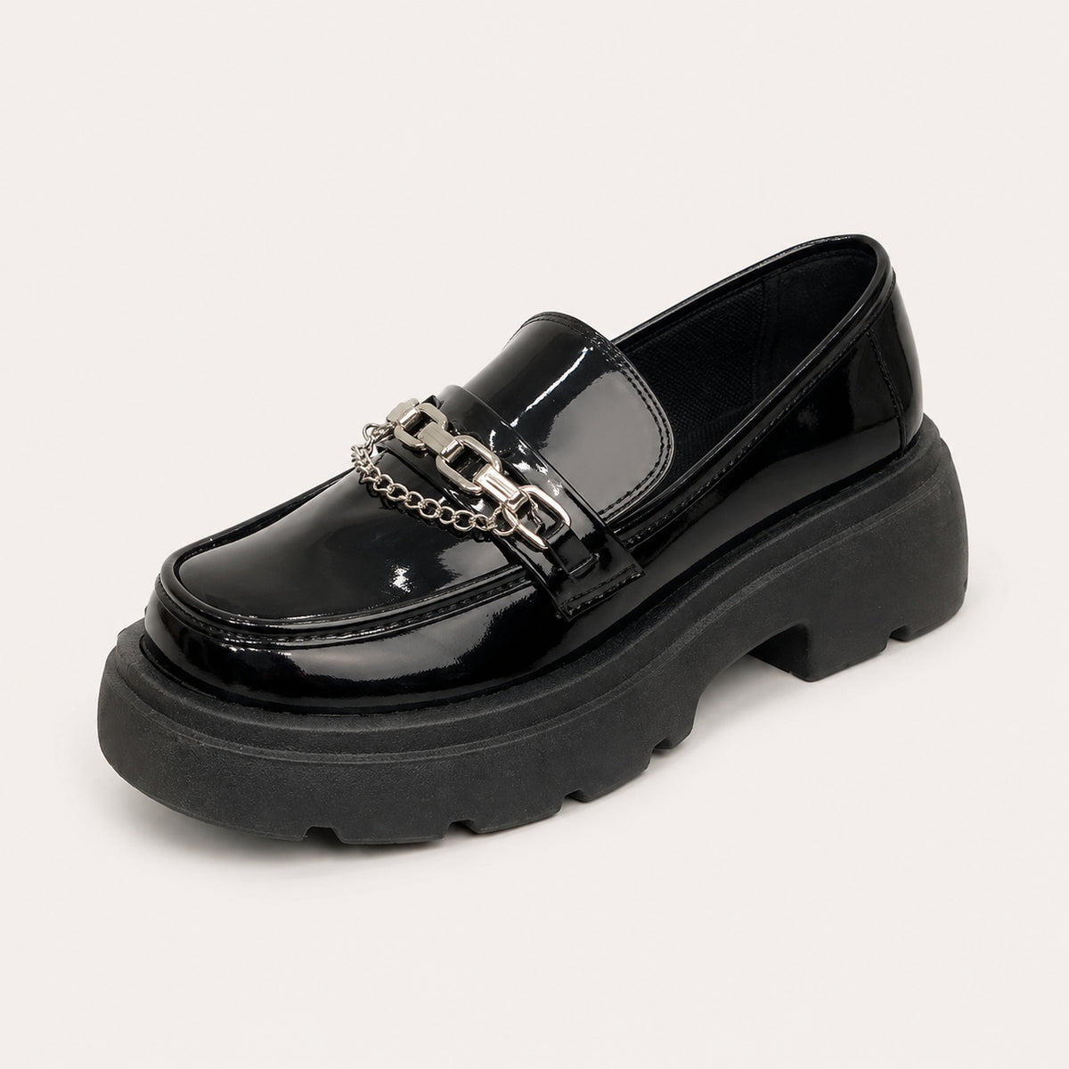Mocassin Femme Vernis À Plateforme Avec Chaîne Métallique - vue 3/4