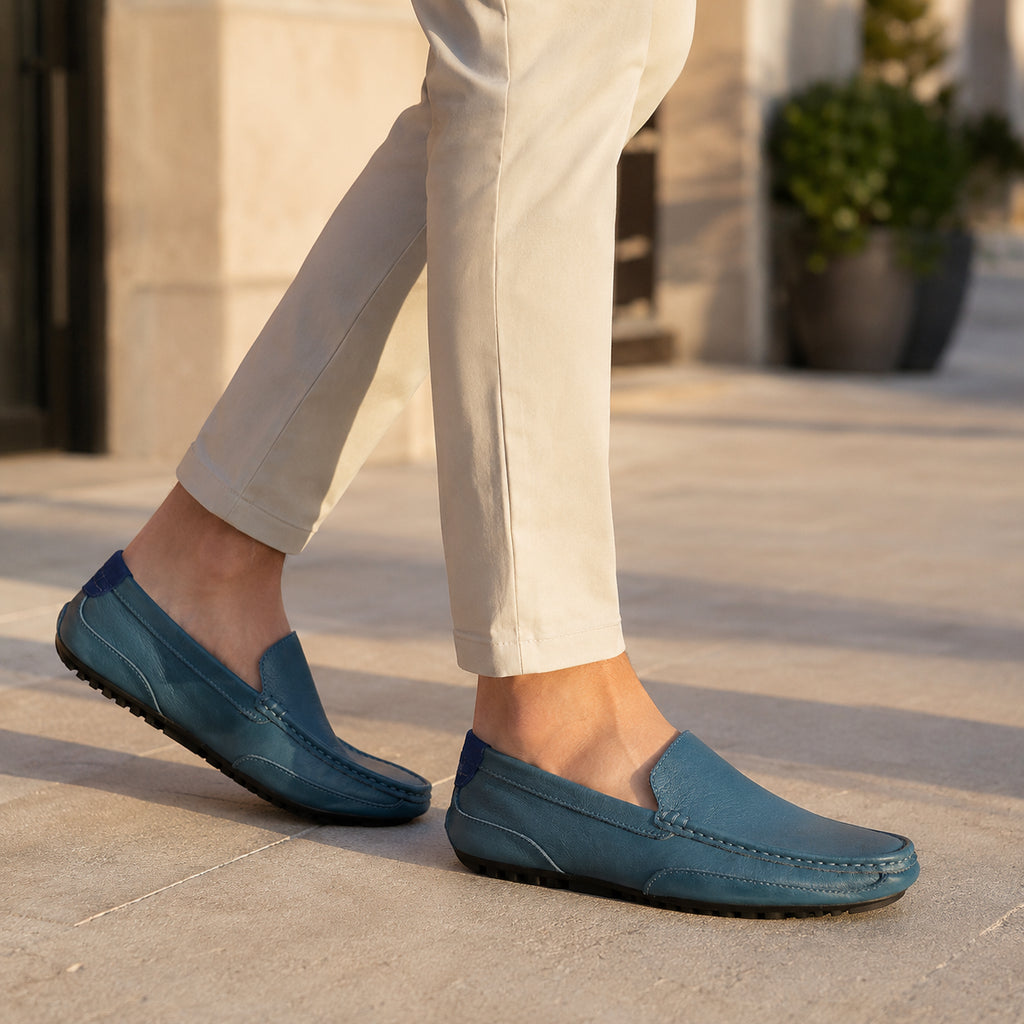 Mocassin Homme Cuir Bleu - porté