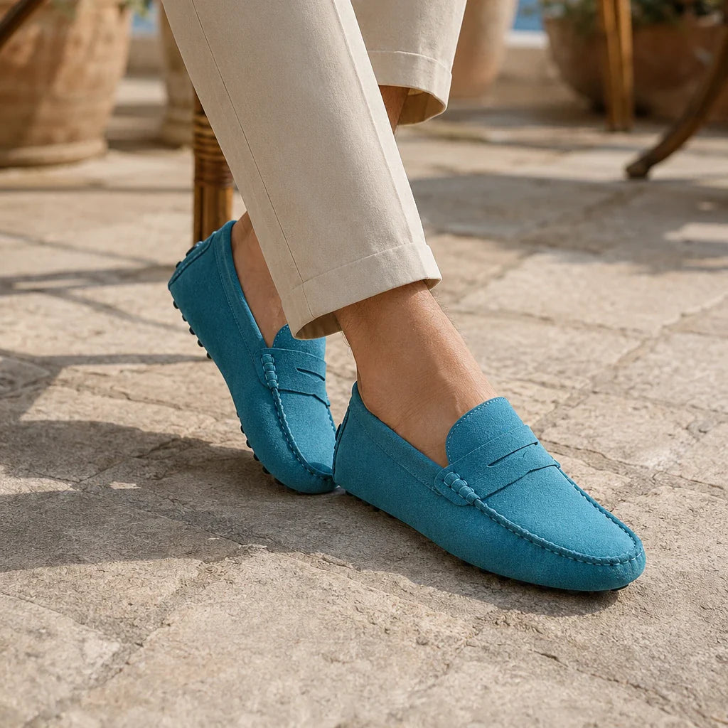 Mocassin Homme En Daim Bleu - porté