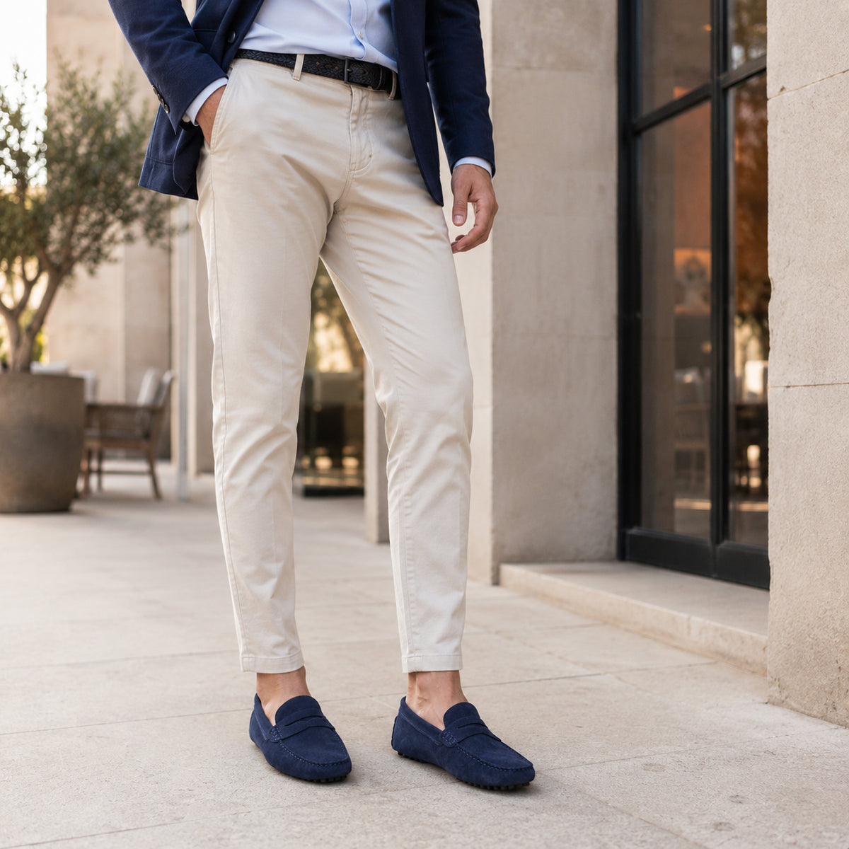 Mocassin Homme Été En Cuir Suédé Bleu - porté