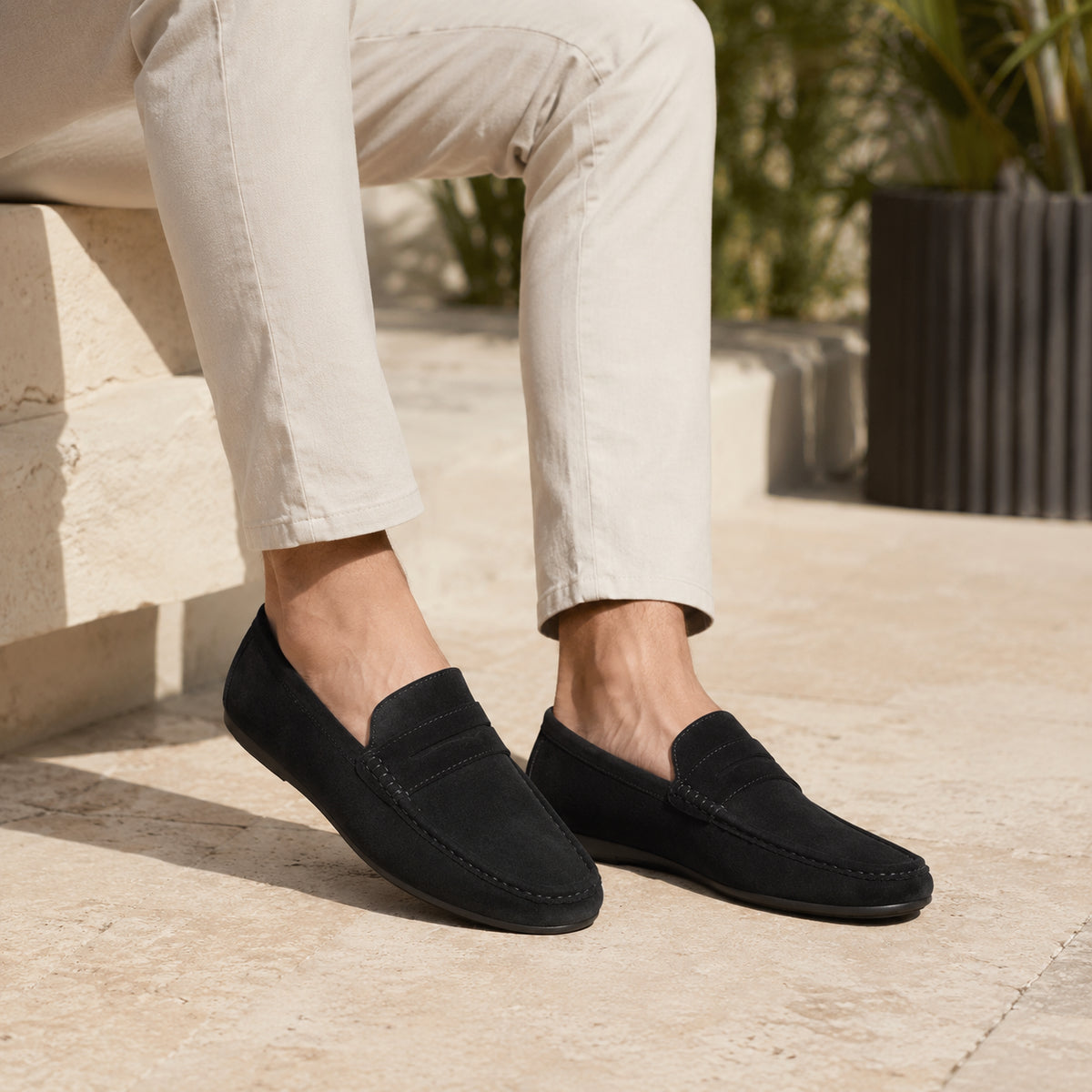 Mocassin Homme Été En Suédine Noir - vue 3/4
