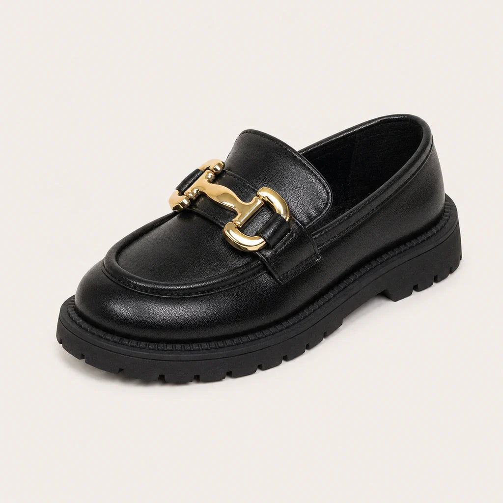 Mocassin Noir À Boucle Dorée - vue 3/4