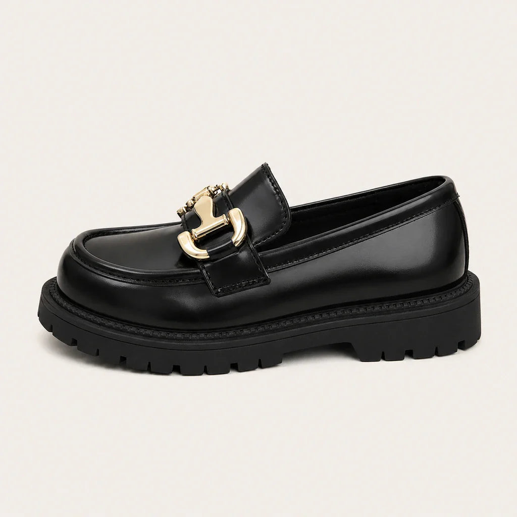 Mocassin Noir À Boucle Dorée - vue de côté