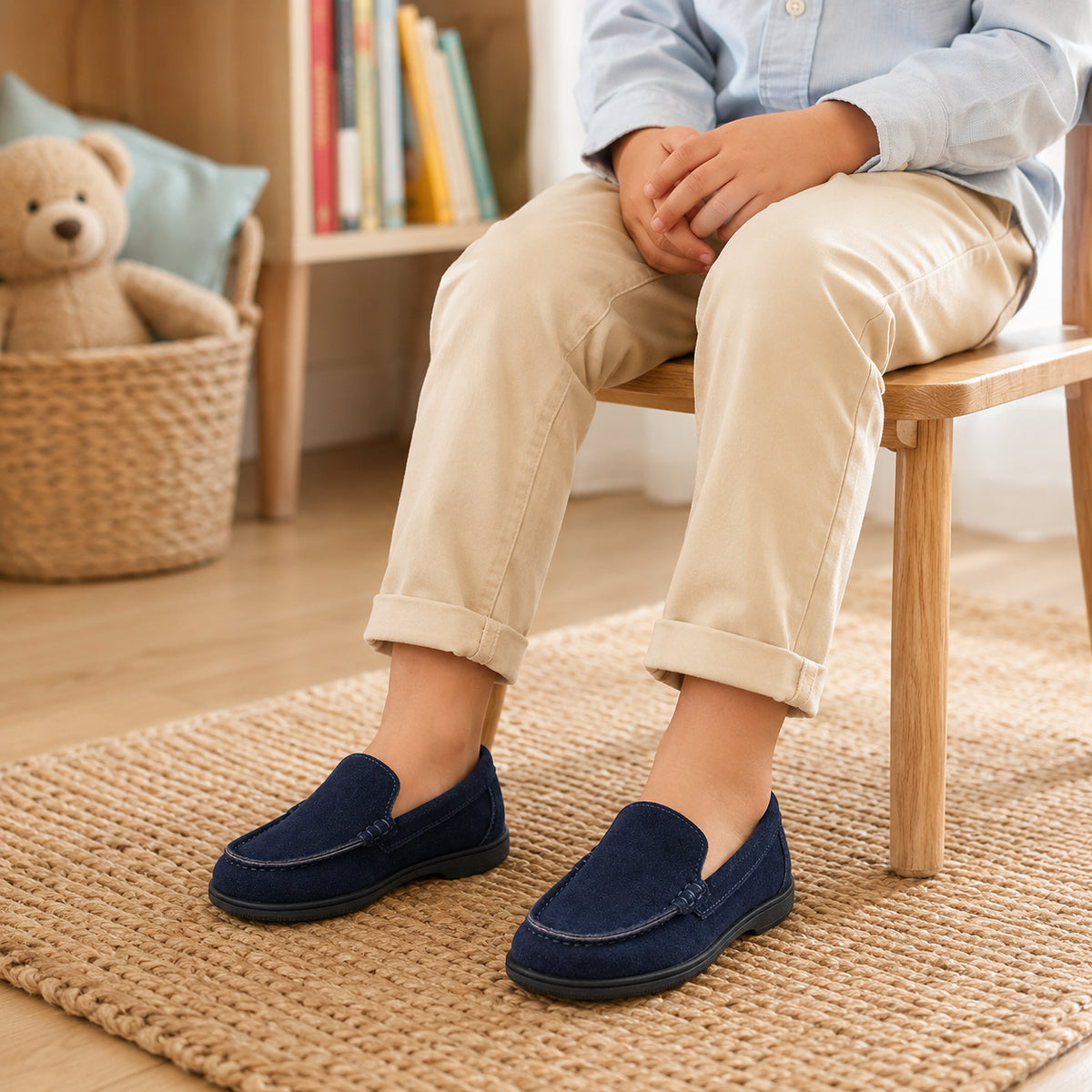 Mocassins enfant daim antidérapants - porté