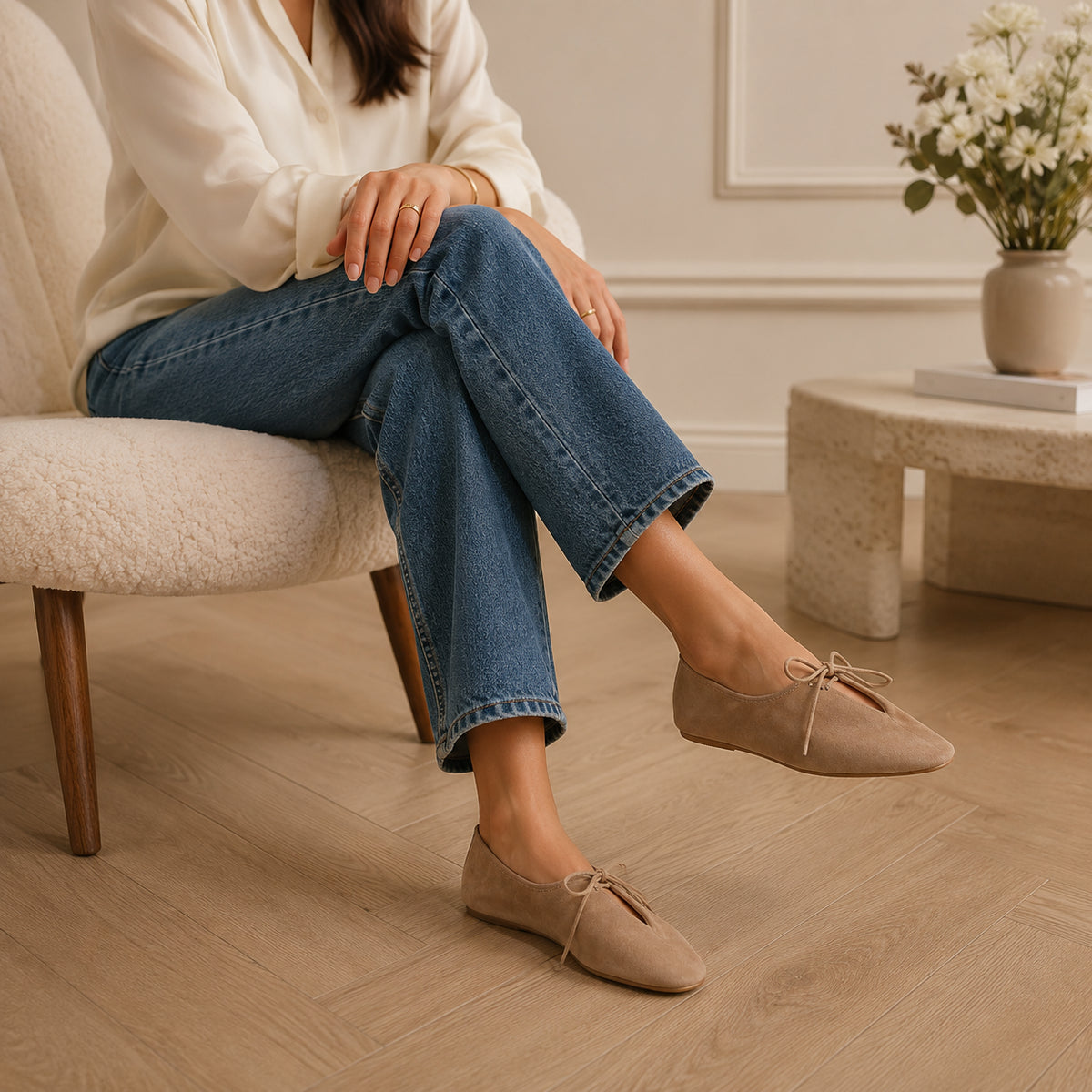 Mocassins Femme En Suédine À Lacets - porté
