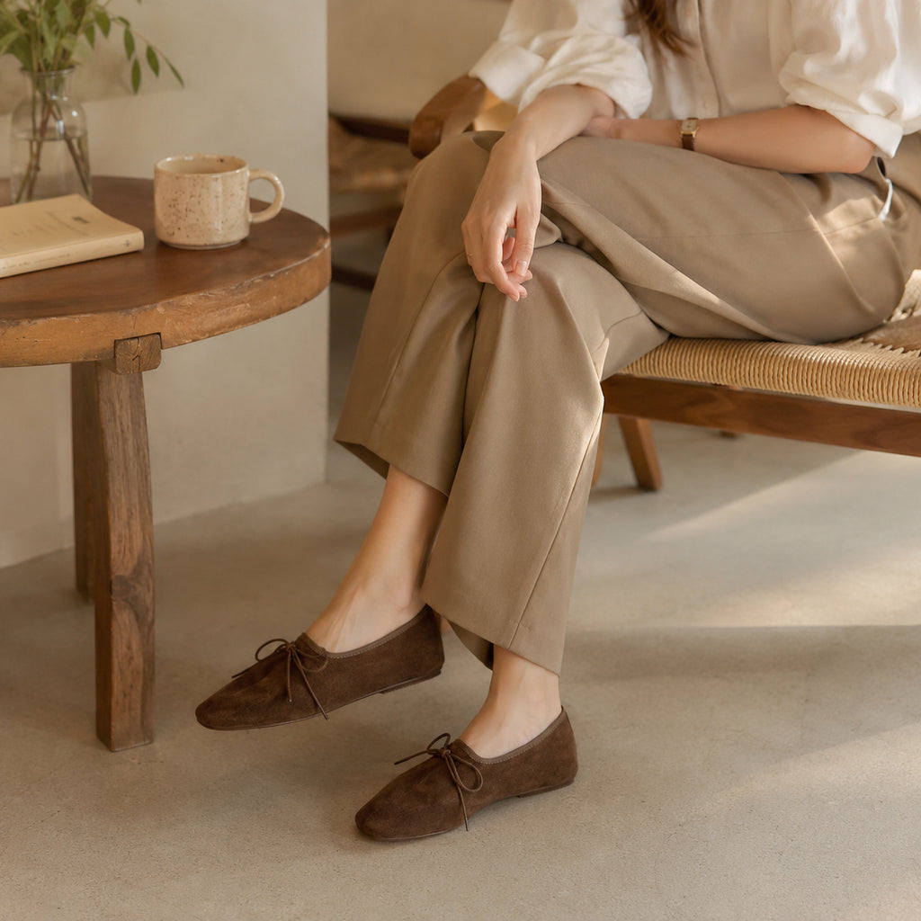 Mocassins Femme Printemps En Suédine À Lacets - porté