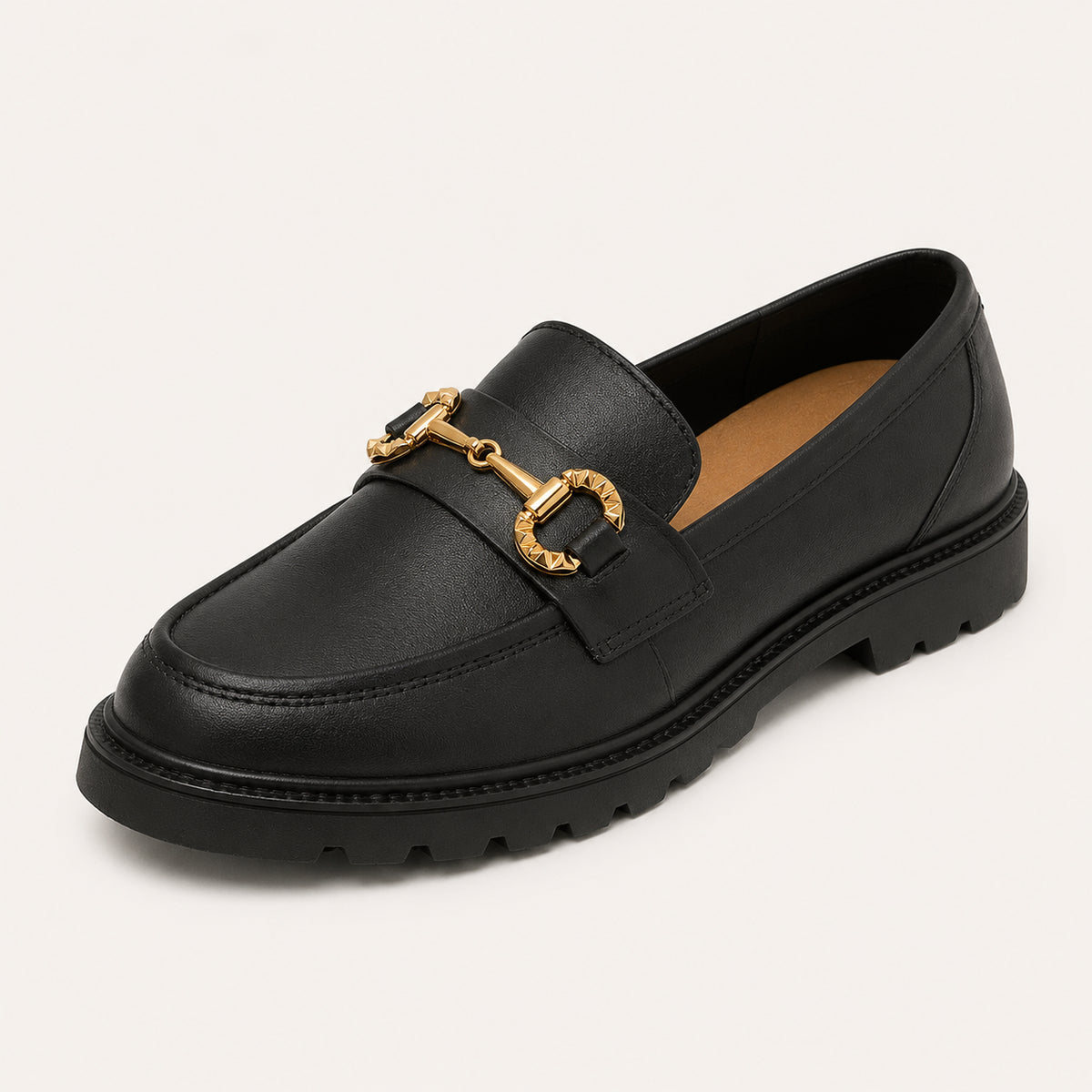 Mocassins Habillés Noir À Mors Dorés - vue 3/4